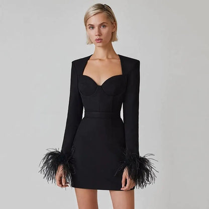 Square Neck Ostrich Feather Cuff Dress