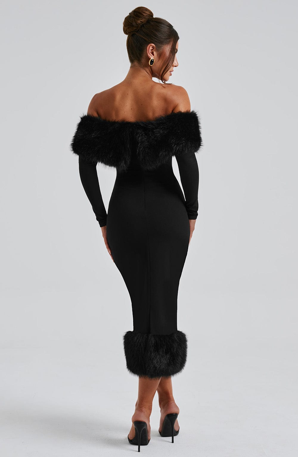 Victoria Midi Dress, Bardot Bodycon with Faux Fur Trim, Wine