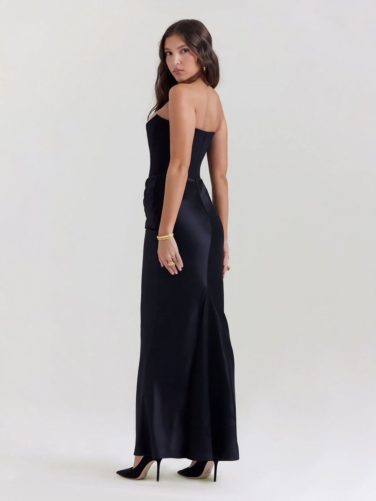 Satin Symphony Strapless Evening Gown – Black