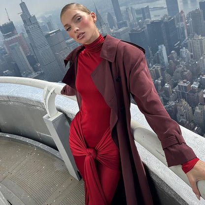 High Collar Slinky Waist-Knot Maxi Dress