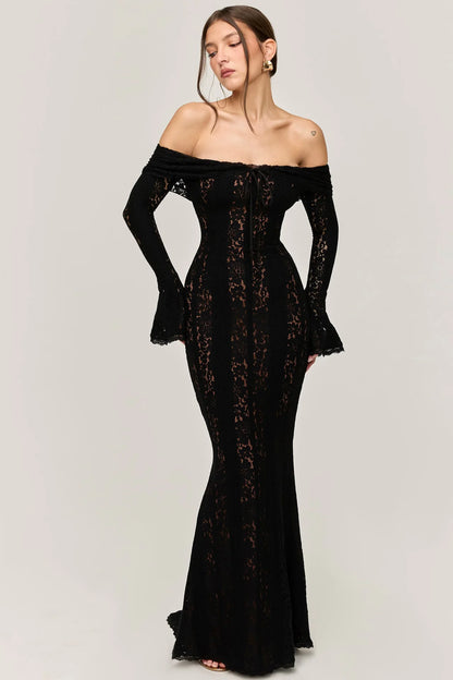 Lace-Up Bell Sleeve Maxi Dress, Black