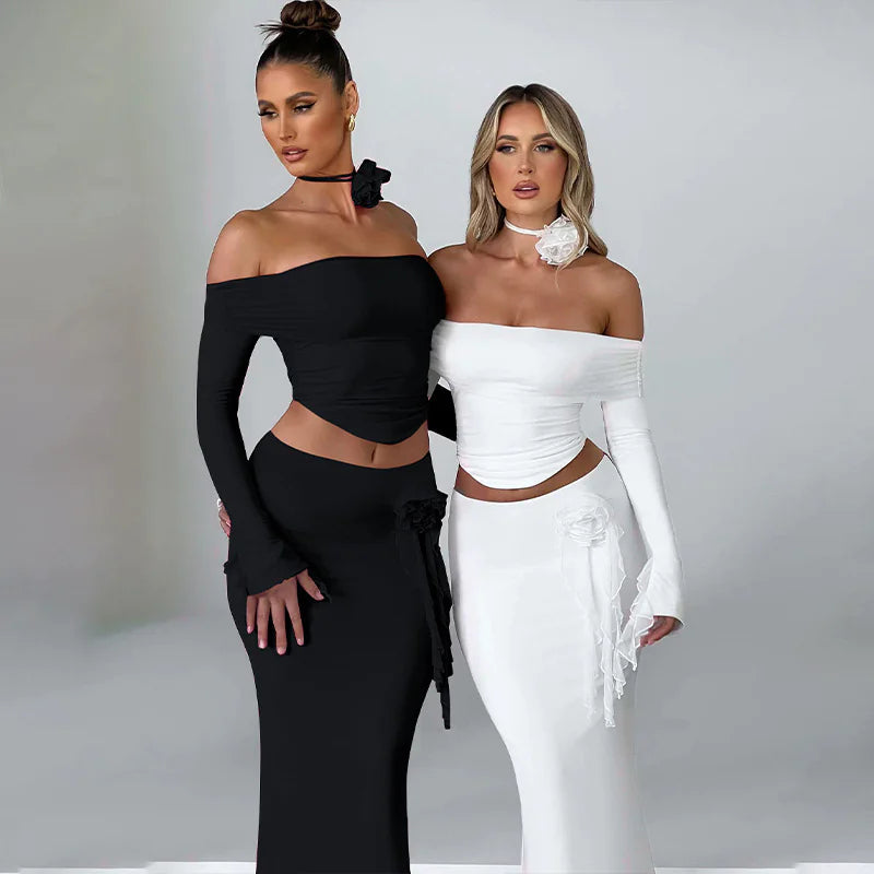Off Shoulder Flower Corsage Two-Piece Skirt Set, Black