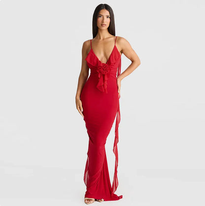 Nova V-Neck Backless Maxi Dress – Red