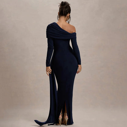 Lina Navy Blue Ruched Asymmetric Maxi Dress with Drape