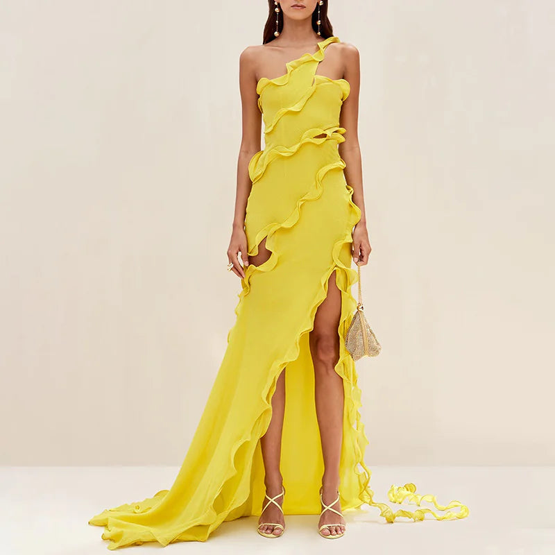 One-Shoulder Ruffled Side Slit Maxi Dress, Yellow