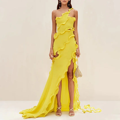 One-Shoulder Ruffled Side Slit Maxi Dress, Yellow