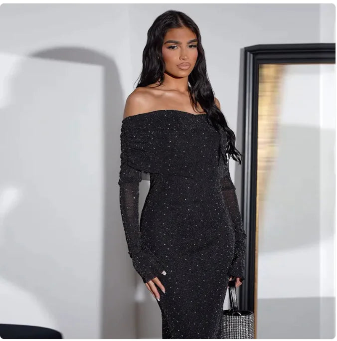 Sequined Off-Shoulder Bodycon Maxi Dress, Black