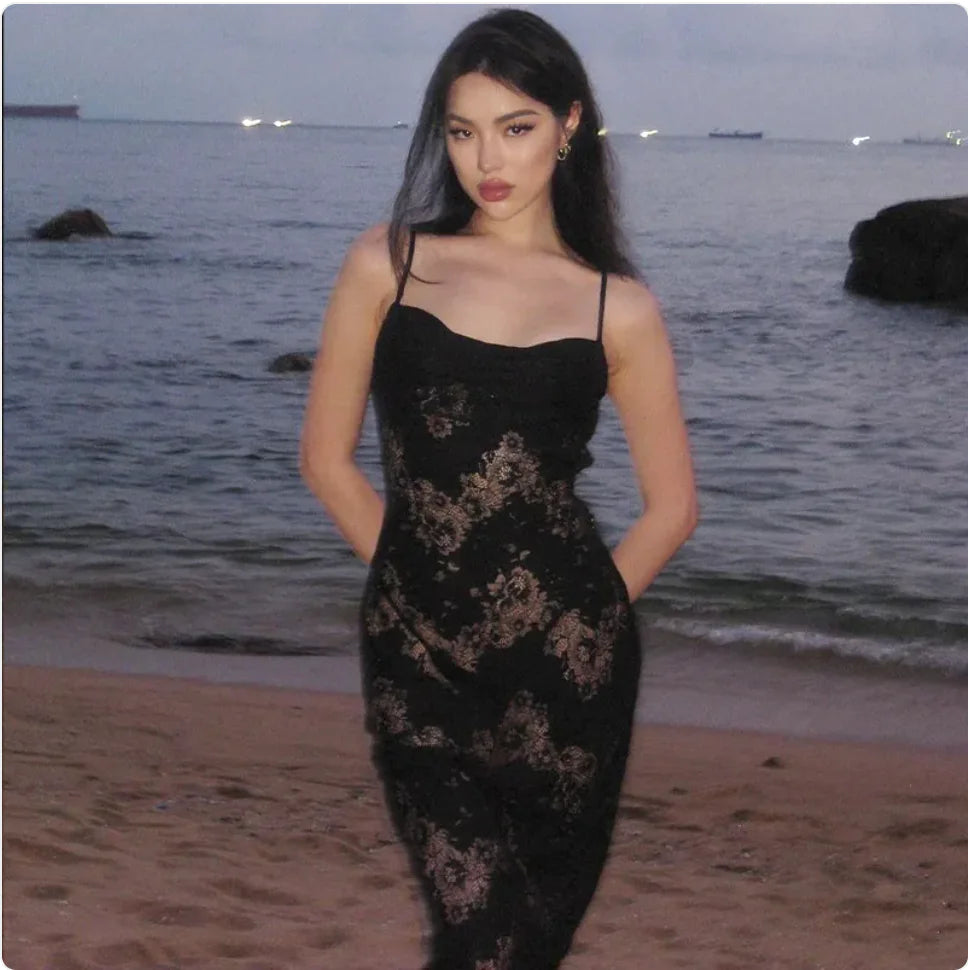 Floral Semi Sheer Open Back Lace Dress – Black