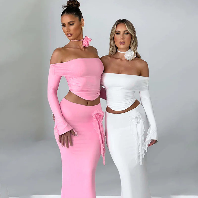 Off Shoulder Flower Corsage Two-Piece Skirt Set, Black