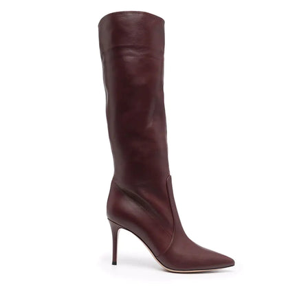 Burgundy PU Knee-High Pointed Toe Stiletto Boots