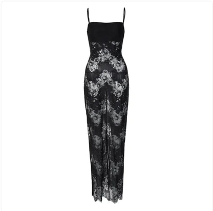 Floral Semi Sheer Open Back Lace Dress – Black