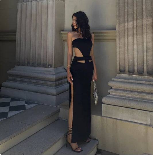 Side Cut Out Detail Bandeau Maxi Dress – Black