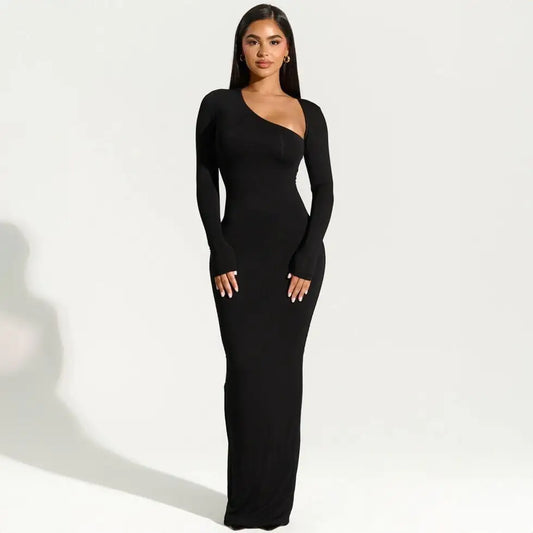 Asymmetric Neck Side Slit Maxi Dress - Black