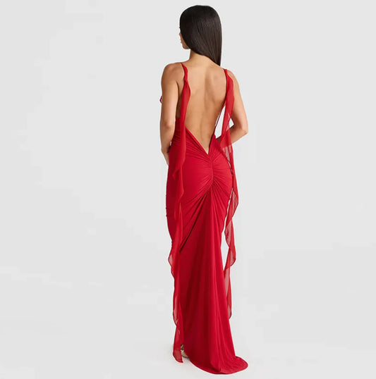 Nova V-Neck Backless Maxi Dress – Red