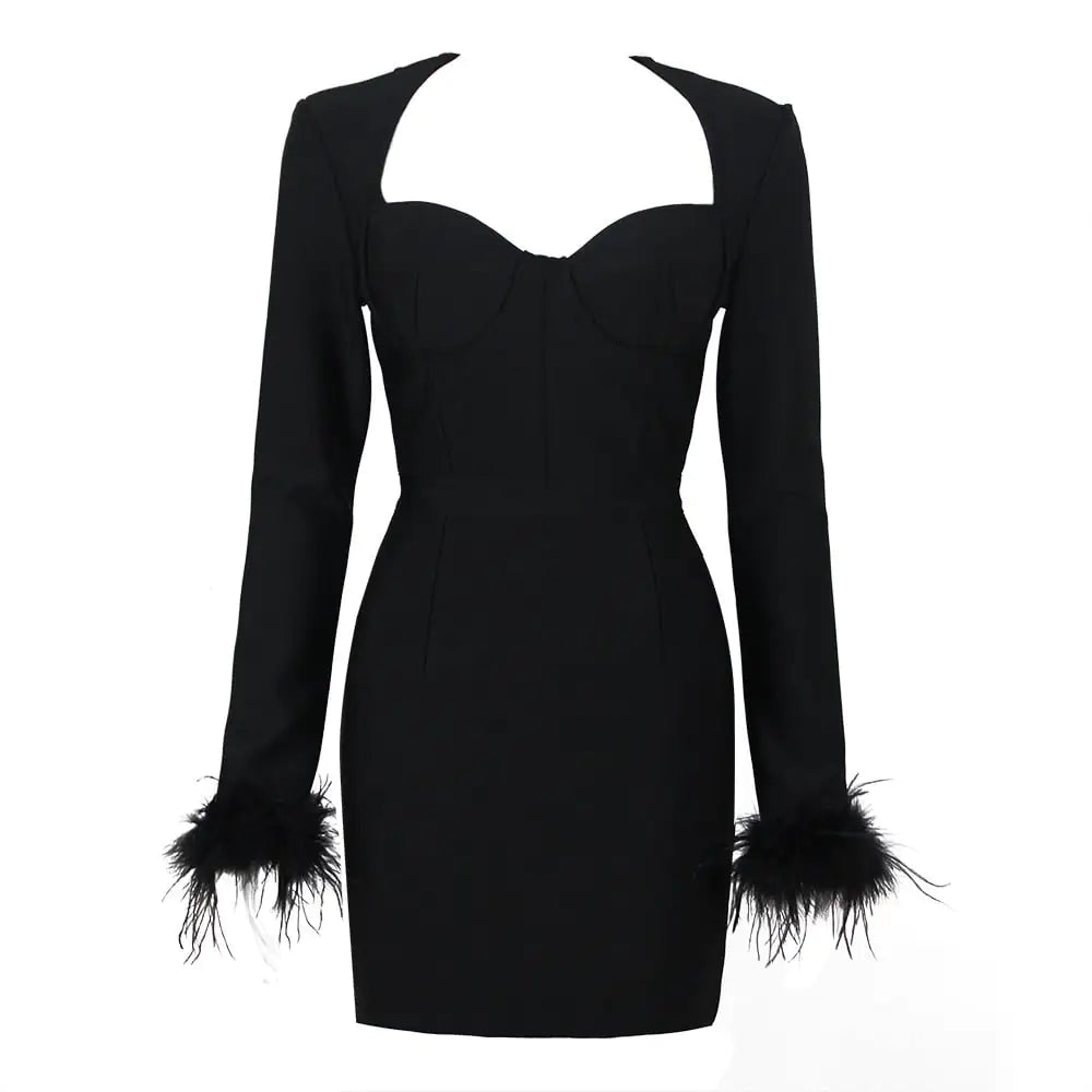 Square Neck Ostrich Feather Cuff Dress