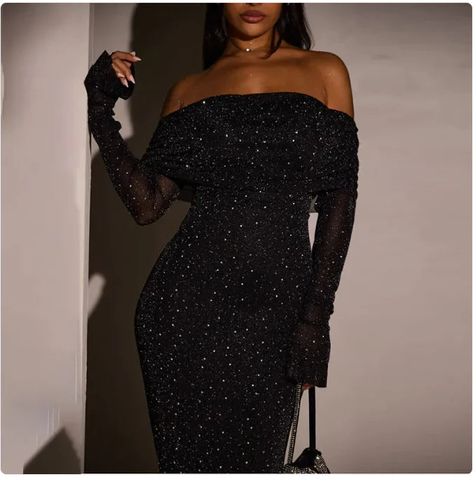 Sequined Off-Shoulder Bodycon Maxi Dress, Black