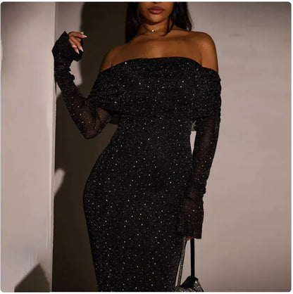 Sequined Off-Shoulder Bodycon Maxi Dress, Black