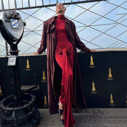 High Collar Slinky Waist-Knot Maxi Dress