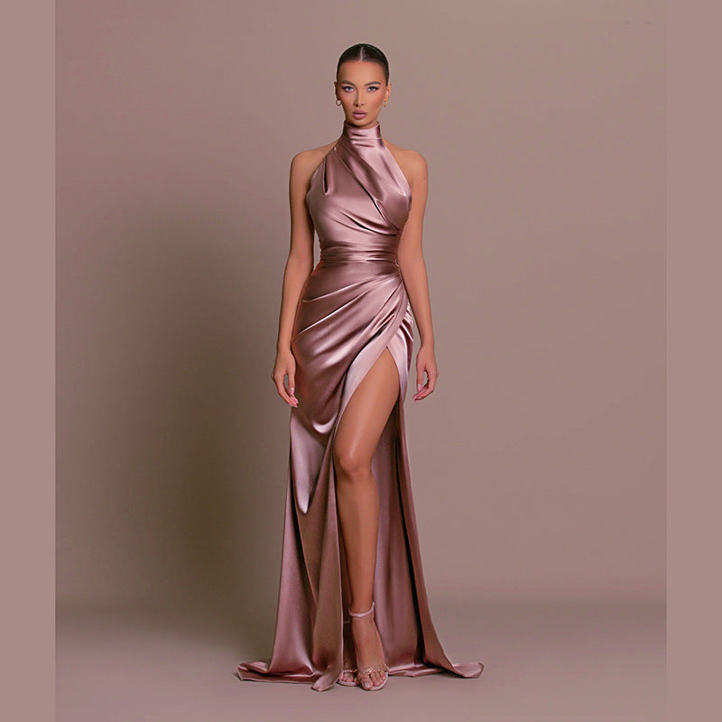 Halter Neck Thigh-Split Satin Pink Gown