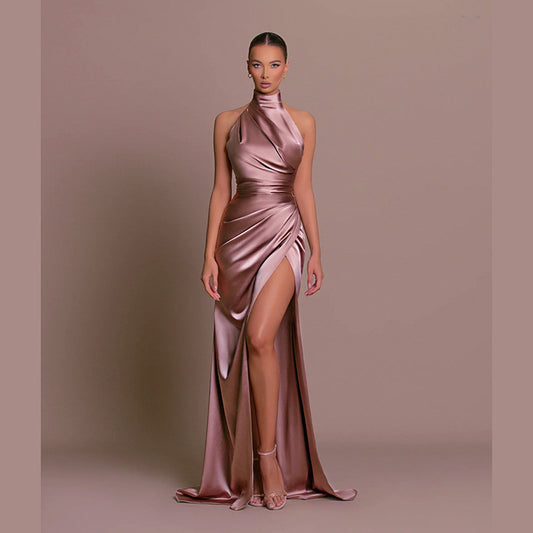 Halter Neck Thigh-Split Satin Pink Gown