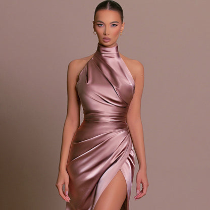 Halter Neck Thigh-Split Satin Pink Gown