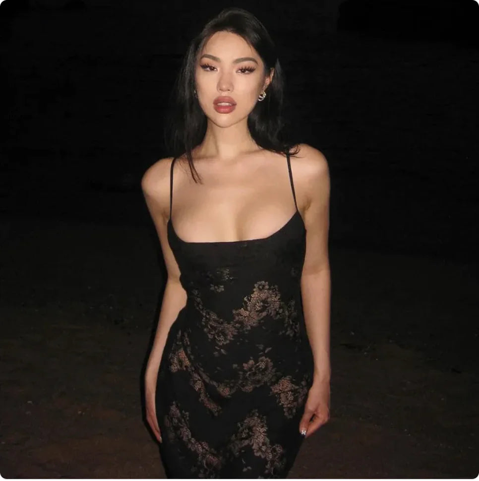 Floral Semi Sheer Open Back Lace Dress – Black