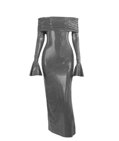 Rene Off Shoulder Diamante Maxi Dress, Gray & Beige