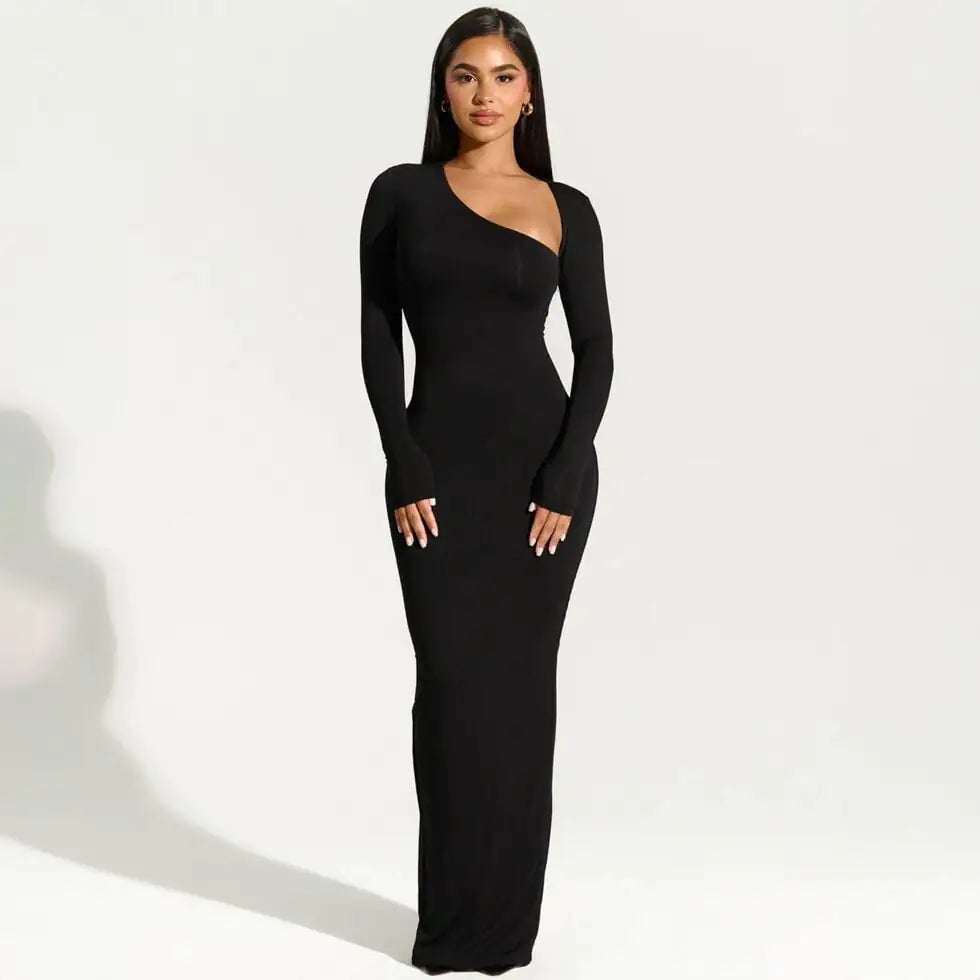 Asymmetric Neck Side Slit Maxi Dress - Black