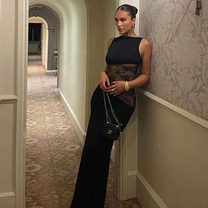 Lucinda Mesh-Waist Maxi Dress, Black