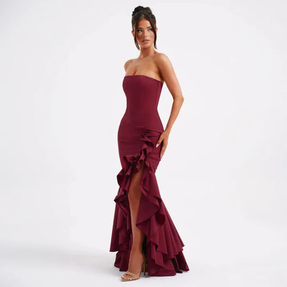 Angelina Irregular Frilled Maxi Dress – Burgundy