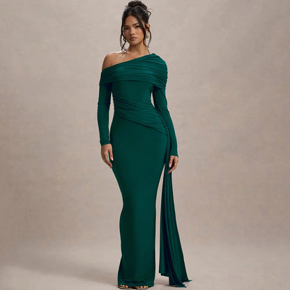 Lina Navy Blue Ruched Asymmetric Maxi Dress with Drape