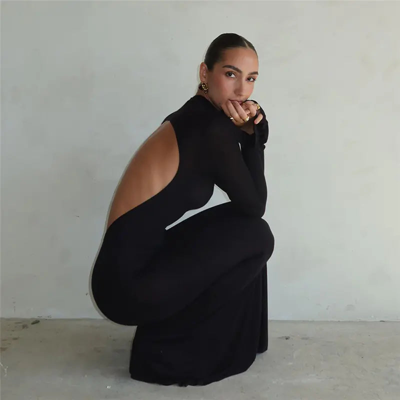 Ella Open Back Long Sleeve Maxi Dress - Black
