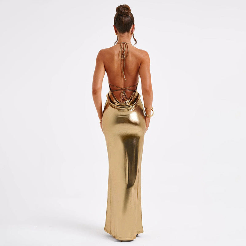 Elysian Metallic Gold Cowl-Back Maxi Gown