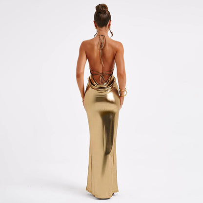 Elysian Metallic Gold Cowl-Back Maxi Gown