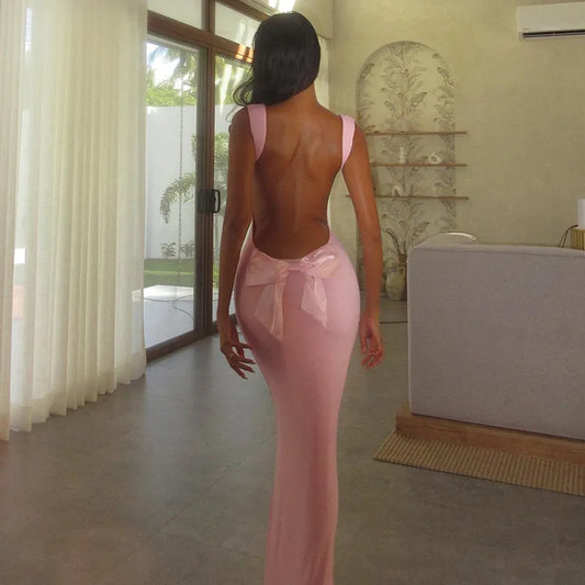 Imani Backless Bow Sheath Maxi Dress, Pink