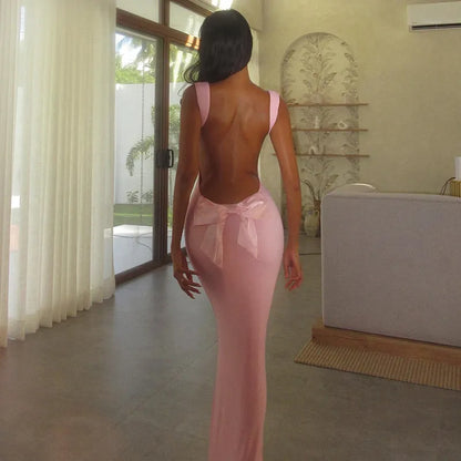 Imani Backless Bow Sheath Maxi Dress, Pink