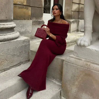 Knitted Off Shoulder Long Sleeve Maxi Dress – Red