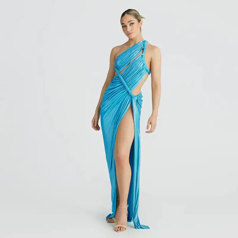 One Shoulder Metallic Cut Out Dress, Aqua