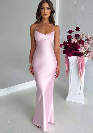 Malika Satin Low Back Maxi Dress, Pink