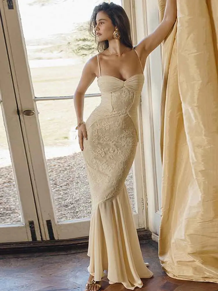 Gina Floral Lace Ruched Bodycon Maxi Dress