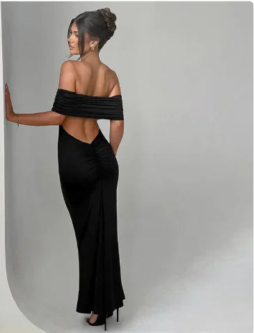 Sophie Black Off-Shoulder Maxi Dress with Ruched Low Back