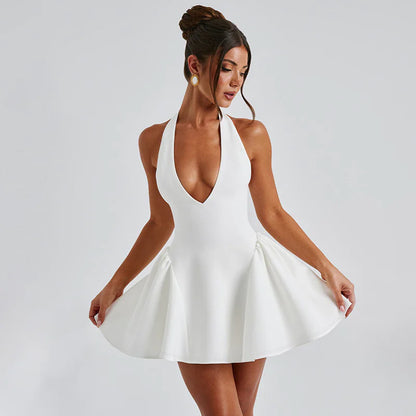 Deep V-Neck Halter Mini Dress, White