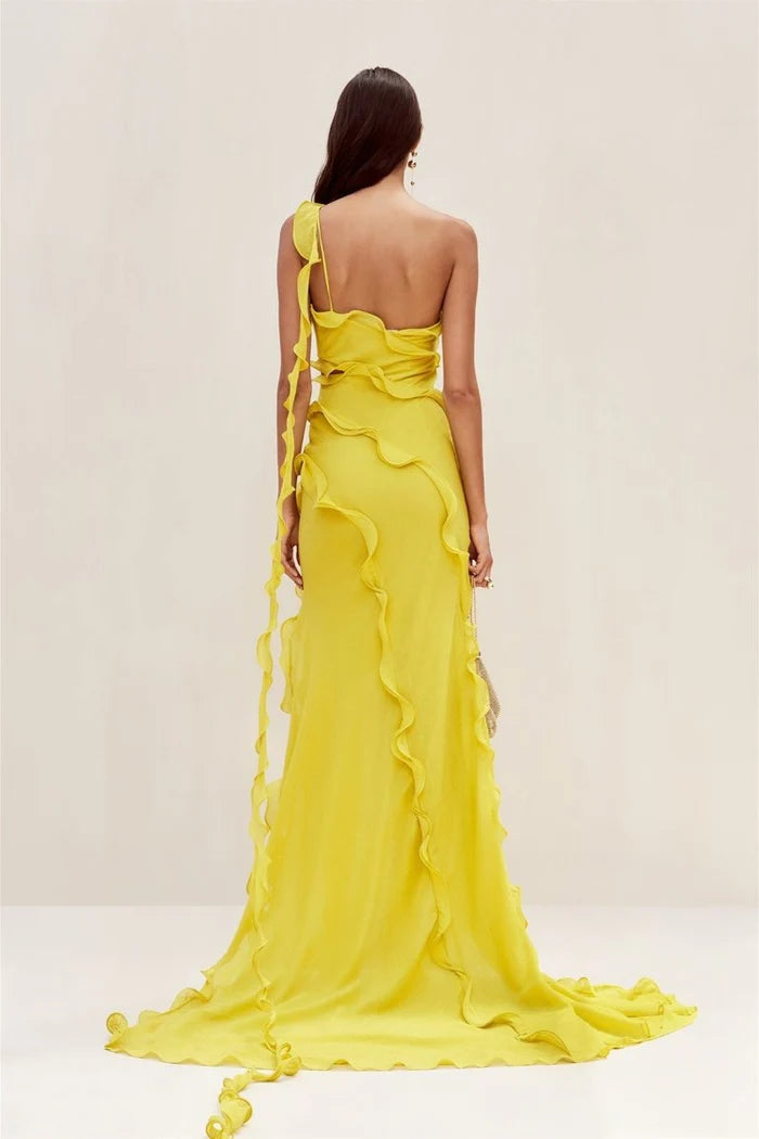 One-Shoulder Ruffled Side Slit Maxi Dress, Yellow