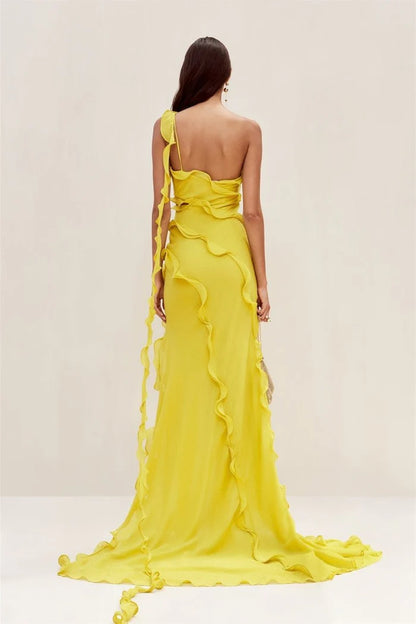 One-Shoulder Ruffled Side Slit Maxi Dress, Yellow