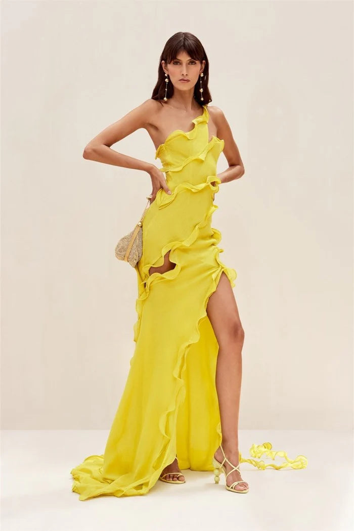 One-Shoulder Ruffled Side Slit Maxi Dress, Yellow