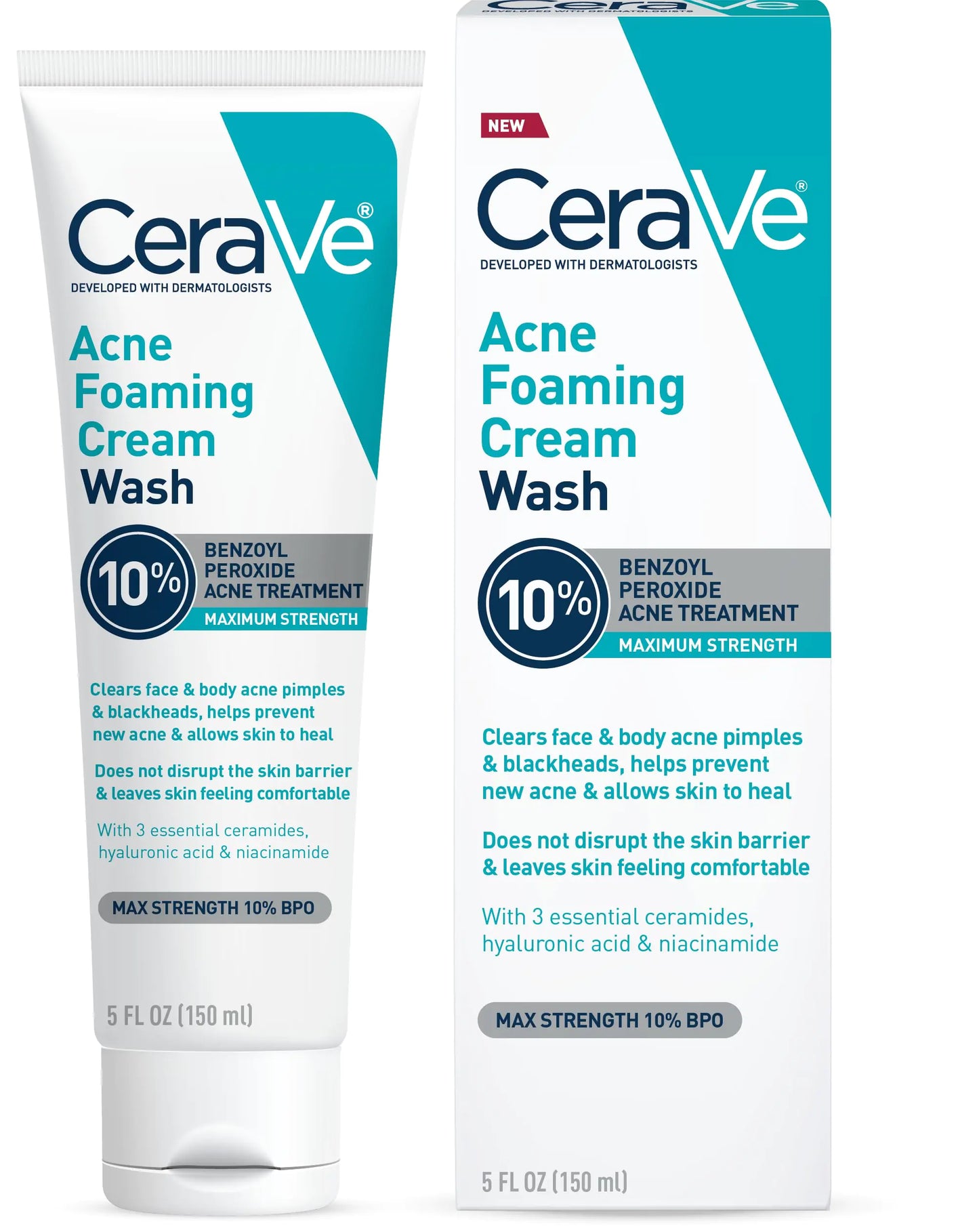 CeraVe Acne Foaming Cream Wash – 10% Benzoyl Peroxide, Hyaluronic Acid & Niacinamide, 5 oz