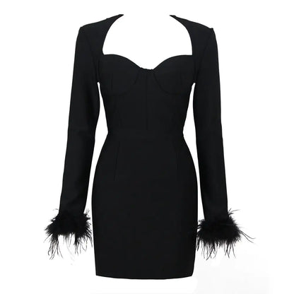 Square Neck Ostrich Feather Cuff Dress