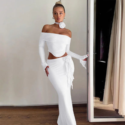 Off Shoulder Flower Corsage Two-Piece Skirt Set, Black