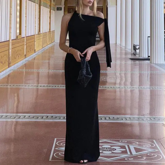 One-Shoulder Asymmetrical Maxi Evening Dress