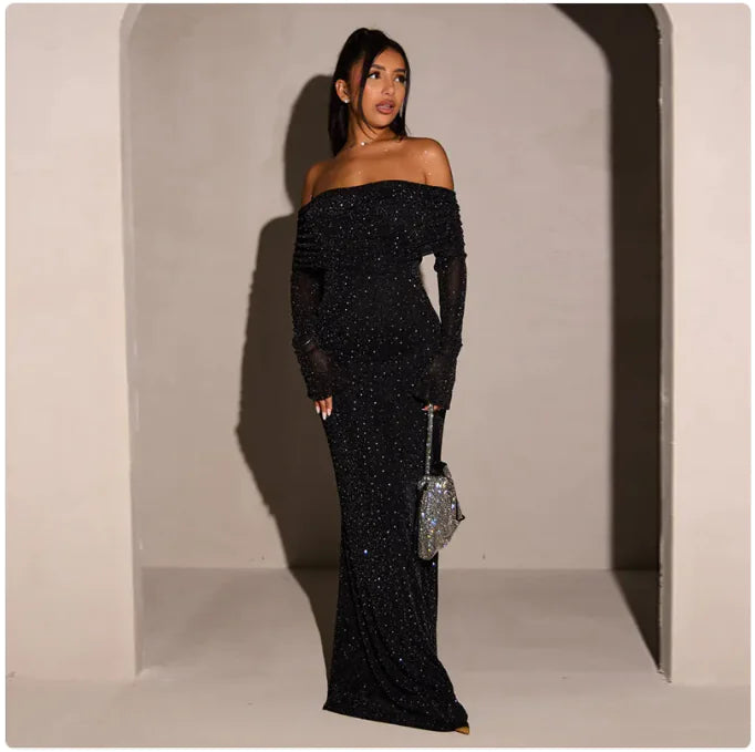 Sequined Off-Shoulder Bodycon Maxi Dress, Black